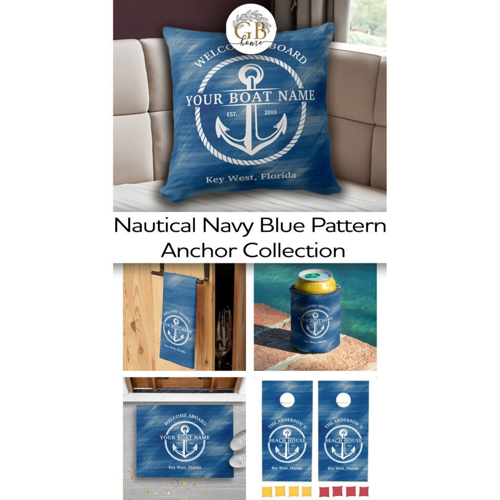 Nautical Navy Blue Pattern Welcome Boat Name