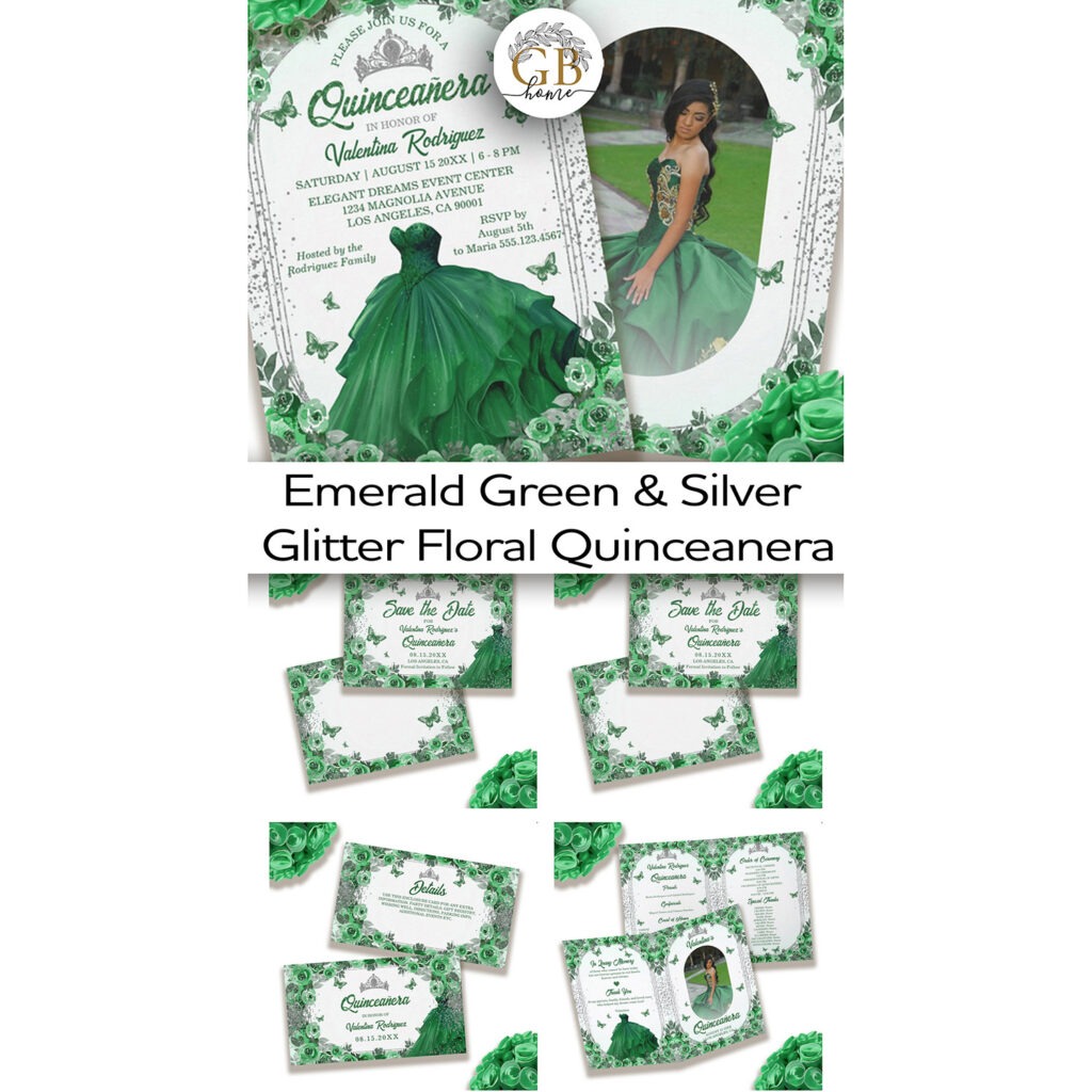 Emerald Green Silver Glitter Floral Quinceanera Collection