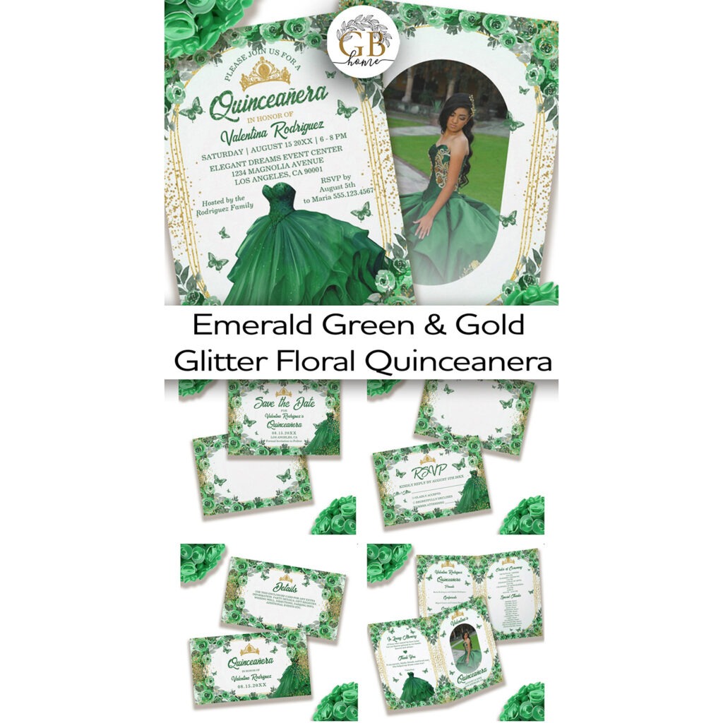 Emerald Green Gold Glitter Floral Quinceanera Collection