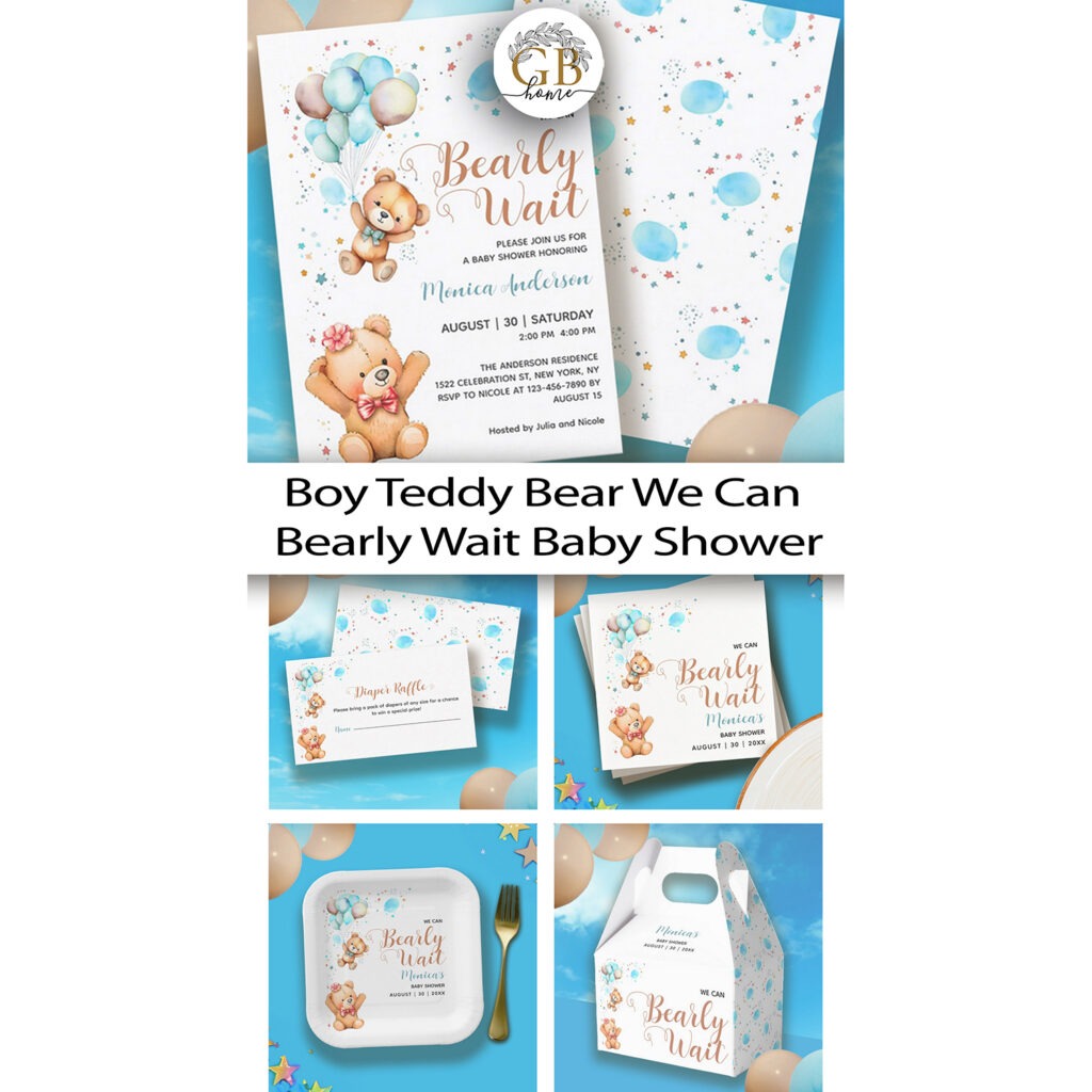 Boy Teddy Bear We Can Bearly Wait Baby Shower Collection