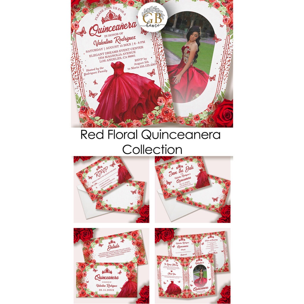 Elegant Red Glitter Floral Sparkle Quinceanera Collection