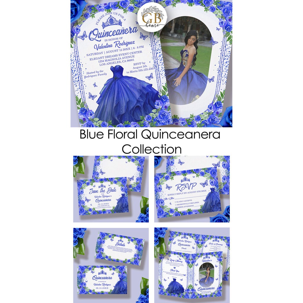 Royal Blue Glitter Floral Sparkle Quinceanera