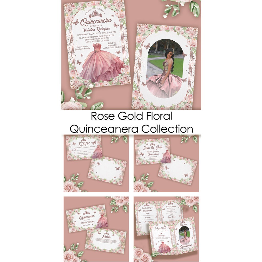 Rose Gold Glitter Floral Sparkle Quinceanera Collection